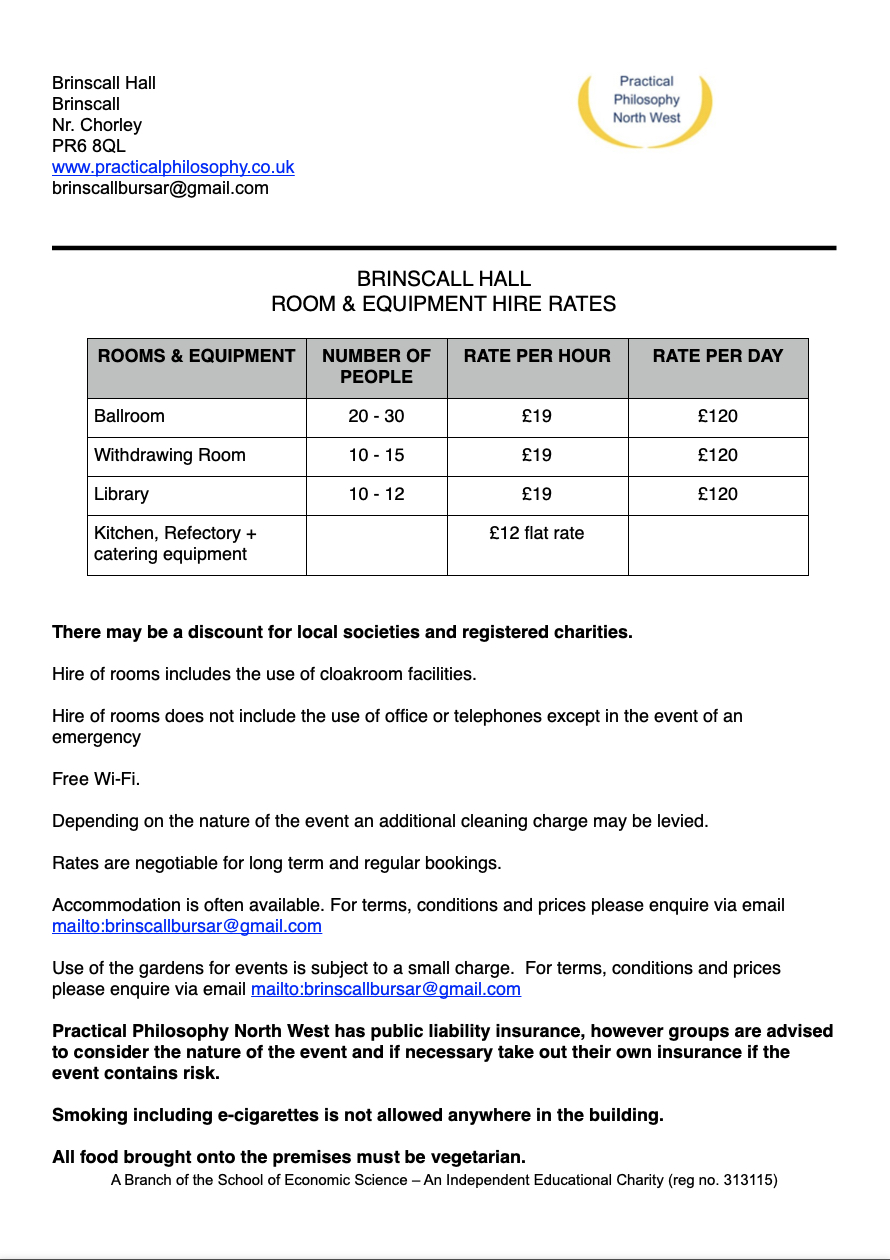 Rates for Hiring Brinscall Hall, Chorley